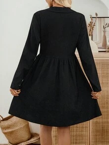 女式休闲优雅纯色前扣长袖迷你连衣裙黑色纽扣连衣裙女式长袖连衣裙休闲黑色连衣裙黑色灯芯绒连衣裙纽扣连衣裙 - 黑色 - 查看 2
