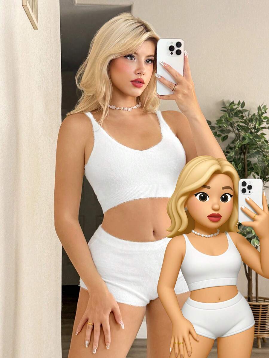 Sweetina Set de 2 piezas de mujer con suéter de punto blanco y conjunto de camiseta de punto corta y shorts de unicolor - Blanco - Ver 1
