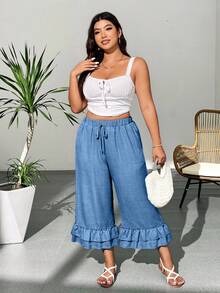 EMERY ROSE Quần dệt thường ngày cỡ lớn cho nữ có viền xếp nếp và túi, dáng ngắn - Màu xanh lam - Xem 3