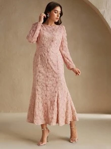 Anewsta Váy hoa đính cườm ren ôm sát cỡ lớn dành cho nữ, màu hồng, mùa xuân/hè - Hồng - Xem 4