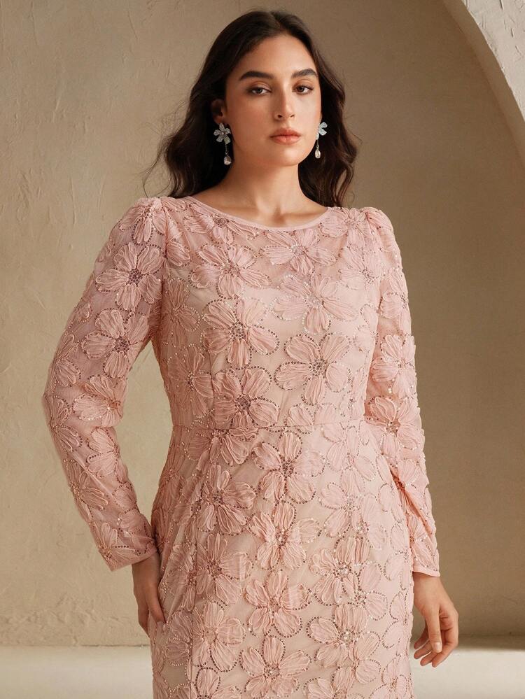 Vestido Floral de Renda Bordado Ajustado Plus Size, Rosa, Primavera/Verão