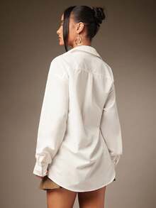 Hauture Camisa blanca larga y holgada con abertura lateral, básica y casual, fácil de usar y sexy - Albaricoque - Ver 4