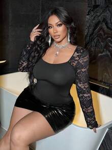 NU&NOW 大码女式纯色性感蕾丝修身长袖方领性感透视衬衫，适合外出、派对、分层穿着、办公室穿着，秋冬季 - 黑色 - 查看 4