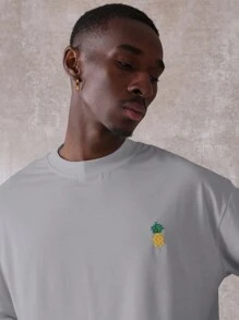 SUMWON 常规版型纯棉T恤，十字绣花卉菠萝图案，夏季休闲刺绣印花圆领短袖时尚T恤，度假必备 - 淺灰色 - 查看 3