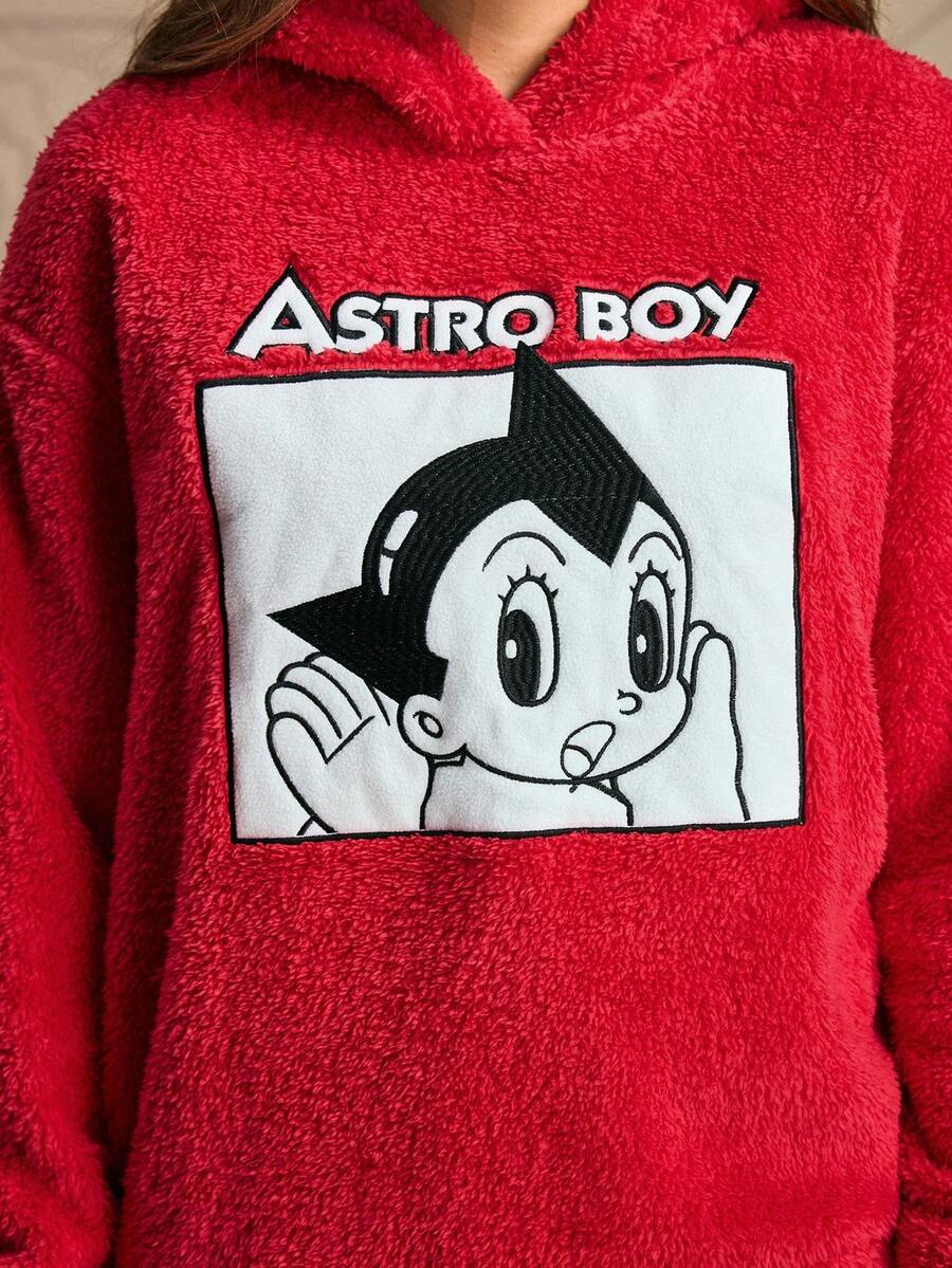 Astro Boy X SHEIN Women's Cartoon Figure Graphic Hooded Long Sleeve Teddy Pullover Sweatshirt - Red - View 1