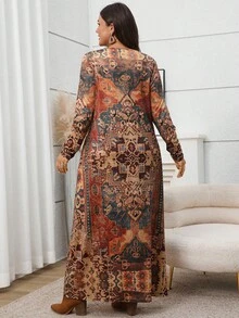 EMERY ROSE Plus Size Women Geometric Print Round Neck Long Sleeve Pocket Casual Loose Dress Plus Size Dress Caftan Dress Boho Dress Earth Tone Dress, Winter Clothes For Women, Christmas, Casual Dress For Women,Winter Dresses For Women,New Year Women's Clothes - Multicolor - View 2