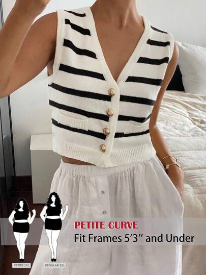 SHEIN PETITE CURVE Chaleco de punto sin mangas de color beige sólido con cuello en V de un solo pecho y bolsillo para mujer de talla grande, cálido y con forro polar, para otoño/invierno, uso diario casual, oficina y transporte, diseño minimalista de punto a rayas