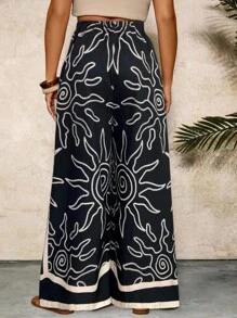 SHEIN VCAY Pantalon large à imprimé floral croquis noir et blanc avec poches et taille élastique pour femmes grandes tailles. Pantalon large femme, pantalon bohème pour femme, pantalon large imprimé, pantalon imprimé soleil, pantalon ample, pantalon large femme, tenue de plage et de resort pour femme, pantalon bohème Ibiza - Noir et Blanc - Voir 2