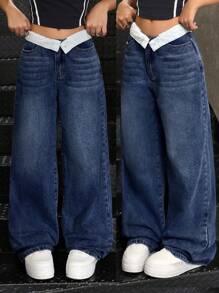 SHEIN Girls' Loose Fit Blue Denim Pants With Contrast Collar, Baggy Jeans Girls, Jeans For Teens, Loose Jeans, Baggy Jeans Teens, Wide Leg Jeans Fall Winter - Dark Wash - View 1