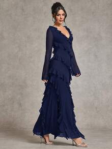 SHEIN BAE Váy maxi dài tay nhún bèo lãng mạn mùa thu, thanh lịch cho hẹn hò, du lịch, đồ lót mùa thu, thích hợp cho ngày lễ tình nhân, nơ, váy thanh lịch cho phụ nữ, váy ngày lễ, váy trang trọng cho phụ nữ, váy midi cho phụ nữ, váy mùa hè, lưới, tay áo mỏng, váy thường ngày, váy cưới cho phụ nữ, cong hơn, váy sinh nhật cỡ lớn, cong, váy dạ hội, mùa hè, mùa thu - Màu xanh hải quân - Xem 3