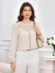 Miaspire Women's Elegant Blouse With Lace Patchwork, Fall/Winter, Fall Shirt For Women,Going Out Tops Women,Wedding Shirt Guest ,Business Casual Outfits Women,Old Money Style Women,Lace Romance,Delicate Romance Lace Blouse Elegant Blouse For Women Business Casual Tops For Women Long Sleeve Blouse Full Sleeve Tops,Chic Tops