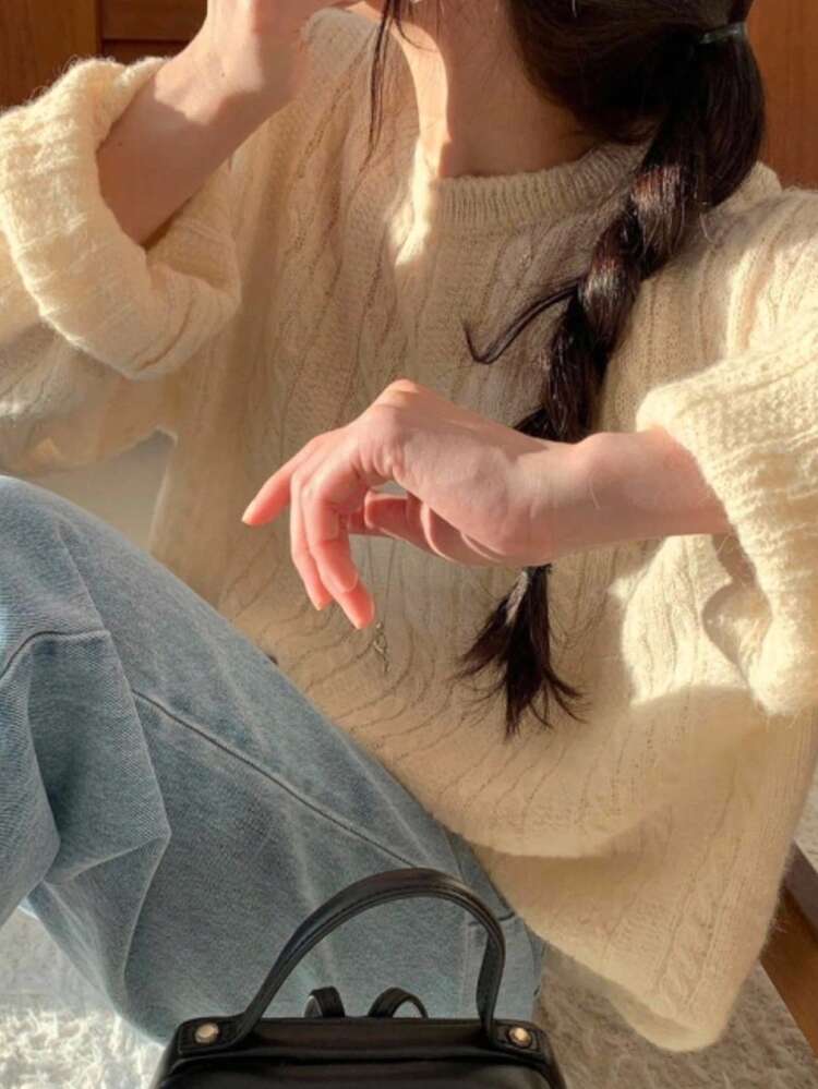 Mohair Loose Soft Cozy Round Neck Cable Knit Sweater, Fall