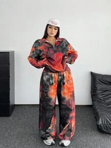 Flirla 大码时尚扎染印花运动衫和运动裤套装 - 彩色 - 查看 1