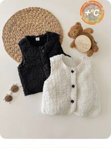 SHEIN 2 件女婴可爱休闲纯色蓬松无袖夹克背心套装，适合秋冬季外出玩耍 - 黑色 - 查看 6