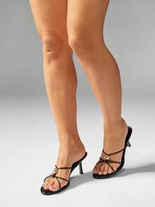 MISSGUIDED 优雅系带高跟凉鞋，金色球点缀，晚会婚礼细高跟穆勒交叉带夏季春季礼服凉鞋 - 黑色 - 查看 3