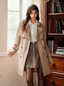 SHEIN MOD 秋冬休闲时尚百搭通勤简约长袖系带女式风衣 - 卡其色 - 查看 6