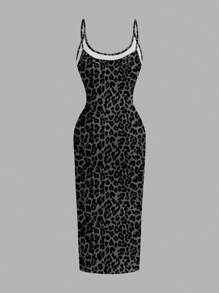SHEIN EZwear Casual Minimalist Full-Length Leopard Print Bodycon Slip Dress, Suitable For Summer Chic Dress - Multicolor - View 3