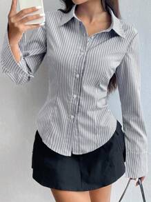 Flirla 女式单排扣休闲修身条纹衬衫 - 彩色 - 查看 3