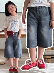 Girls' New Washed Loose Straight Leg Casual Denim Capri Pants, Simple And Versatile Design Suitable For Daily Wear Fall Winter - Dark Wash - View 3