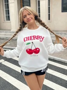 SHEIN Simple & Versatile Cherry Print Loose Fit Round Neck Thick Sweatshirt For Teen Girls, Suitable For Autumn And Winter - White - View 5