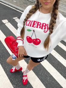 SHEIN Simple & Versatile Cherry Print Loose Fit Round Neck Thick Sweatshirt For Teen Girls, Suitable For Autumn And Winter - White - View 7