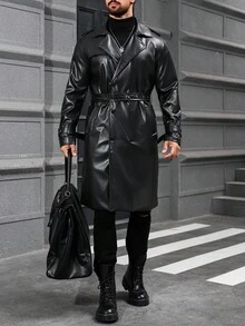 Manfinity CasualCool 男士纯色翻领双排扣休闲PU风衣，春秋季，男士秋季黑色风衣，男友礼物，男士黑色皮衣，皮质风衣，长款皮衣，黑色皮质风衣 - 黑色 - 查看 5