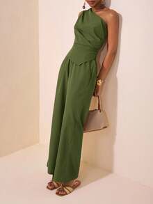 Conjunto de Pantalones Rectos Color Caqui con Hombro Asimétrico y Cintura Plisada para el Verano 2025, Ideal para Festivales de Música - Verde militar - Ver 11