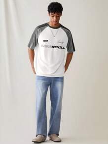 SWAVVY Men's Knitted Fashion Casual Daily Young Loose Patchwork Print Pattern Short Sleeve T-Shirt, Summer, School, For Fall