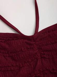 Sweetra 女式纯色时尚裹胸系腰蛋糕迷你连衣裙 - 酒紅色 - 查看 6