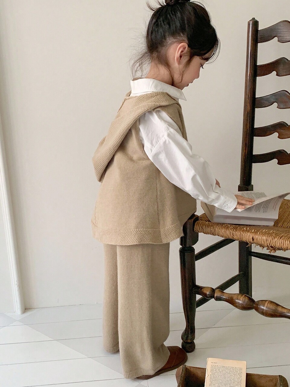 2pcs/Set Young Girls Hooded Sleeveless Vest & Loose Fit Pants Knit Suit Fall/Winter
