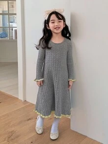 DAZY 女童圆领休闲针织中长连衣裙 - 灰色 - 查看 4