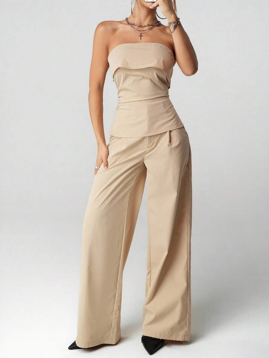 SHEIN ICON 2 件套女式短款吊带背心和高腰阔腿及地长裤套装，休闲日常穿着，性感，返校季 - 彩色 - 查看 1