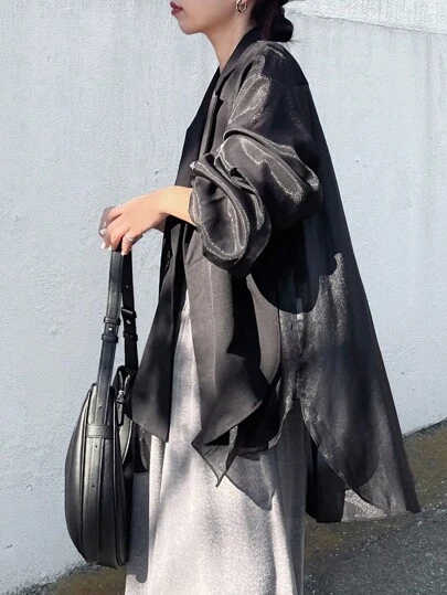 FRIFUL 女士纯色灯笼袖外套，时尚通勤黑色西装外套，女士宽松西装外套，宽松夹克，黑色夹克，女士西装外套，商务装