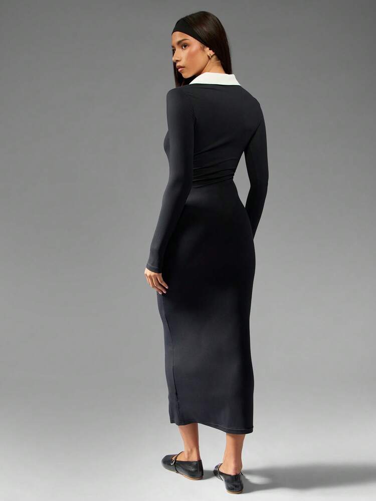 MISSGUIDED Long Sleeve Collared Midi Dress With Ribbed Fabric And White Trim Preppy Professional Business Work Office Formal Interview Winter Fall