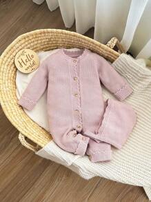 SHEIN Newborn Light Pink Knitted Bodysuit With Hat,Cute Autumn Raglan Long Sleeve Single-Breasted Sweater Crawling Suit With Three-Dimensional Bow For Baby - Multicolor - View 2
