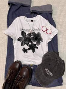 SHEIN EZwear 休闲简约垃圾摇滚复古花卉印花修身圆领短袖 T 恤女款，适合夏季、秋冬季分层穿着 - 白色 - 查看 4