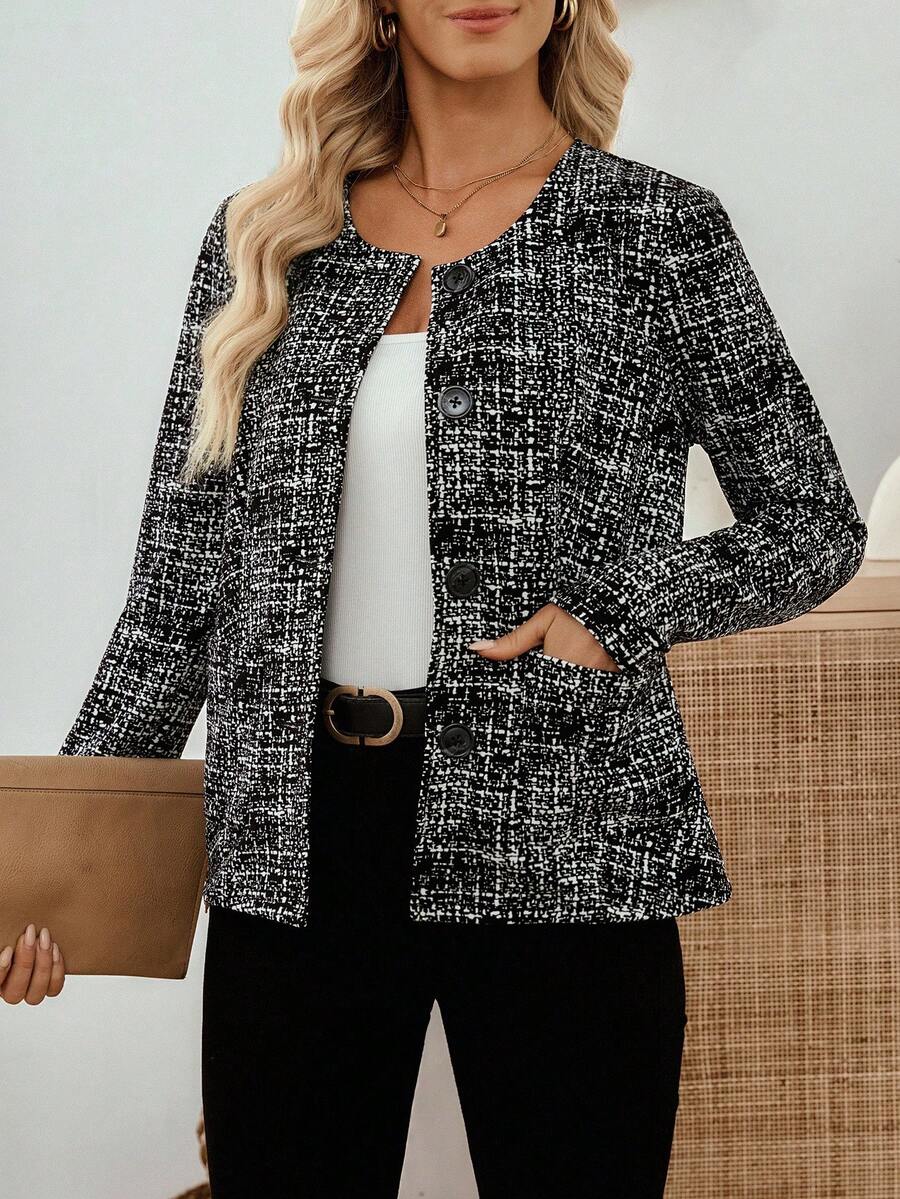 EMERY ROSE 女式格子圆领长袖单排扣口袋休闲常规夹克粗花呢夹克女士女士西装外套女士西装外套女士休闲秋冬装