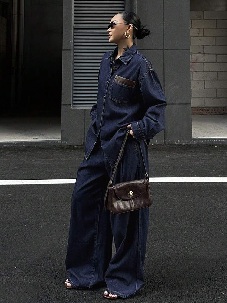 Women's Drop Shoulder Long Sleeve Single-Breasted Pocket Jacket And Pants Casual Denim Suit