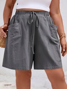 SHEIN LUNE Plus Size Women's Solid Color Drawstring Waist Pocket Loose Casual Shorts Grey Shorts Women Women Fall Shorts Wide Leg Shorts Elastic Waist Shorts Casual Shorts For Women,Fall Clothes For Women