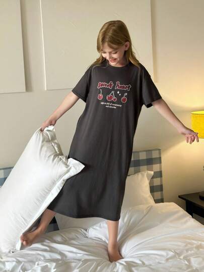 Hapijoa 女童印花短袖针织睡袍家居服，夏季