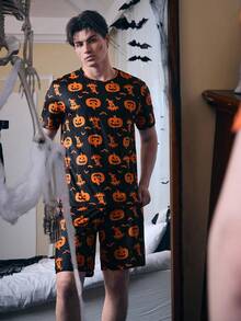 CoupledUp Halloween Pumpkin Print Short Sleeve Shorts Men Pajama Set - Multicolor - View 4