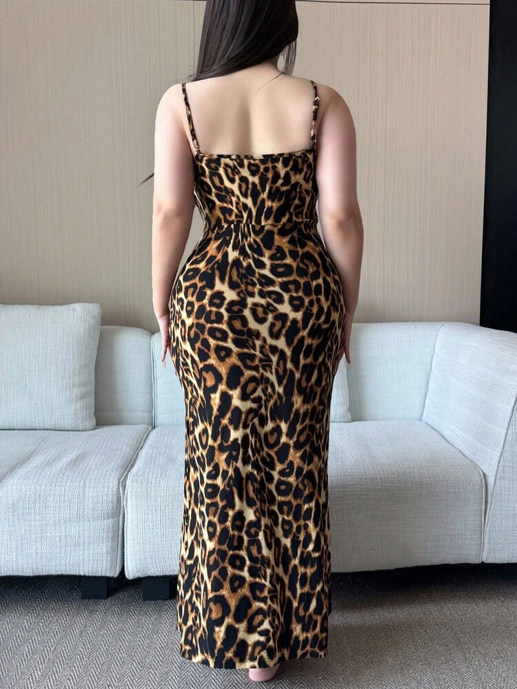 Dazy Plus Plus Size Women Contrast Lace Elastic Fitted Long Nightgown, Sexy Lingerie Leopard Print