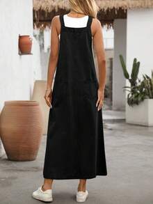 EMERY ROSE Women's Button Half-Placket Casual Pocket Loose Strap Denim Dress - Black - View 2