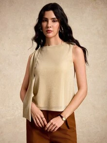 House of One Round Neck Sleeveless Chiffon Top With Train Tie Detail Women Elegant Casual Summer Autumn Tan Women Gold Top