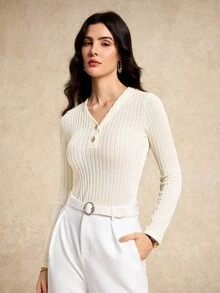 House of One Jacquard Knitted Stripes Round Neck Long Sleeves Top With Metal Buttons Women Elegant Casual Whites For Women Cream Women