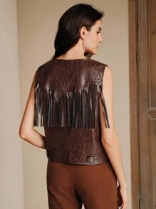 Anewsta Women's Floral Print Fringed PU Leather Single Breasted Vest Jacket - Maroon - View 5