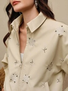 Anewsta Casual Fashion Versatile Long Sleeve Zip-Up Embroidered Short Women Leather Jacket - Apricot - View 12