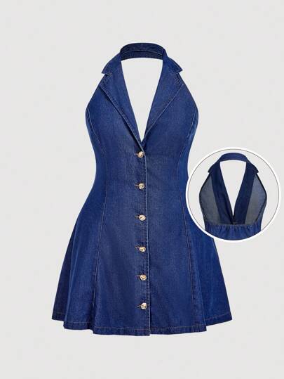 SHEIN MOD 大码女式夏季性感翻领露背单排扣束腰牛仔连衣裙