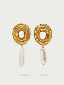 Opalesca 1 对独特形状，珍珠/珍珠母纹理，金属/金属质感 18K 金不对称珍珠圈形耳环，优雅、可爱、奢华，适合派对、休闲、工作、婚礼、节日、度假、露营、 Y2K/妈妈/女士/女孩/秋季/冬季/节日/假日/老钱/万圣节 - 金黃色 - 查看 2