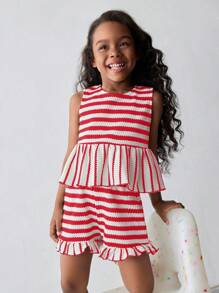 Maija Kids Maija Kids 两件套女童条纹背心和短裤套装 - 紅色 - 查看 4